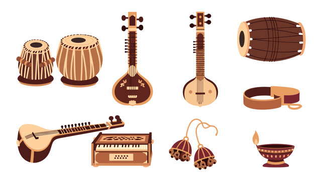 Traditional indian musical instruments collection featuring sitar, tabla, harmonium, and more