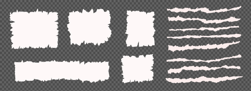 Torn sheets pieces of paper stripes torn edge set. Ripped collage set of shapes transparent background. Ripped heart, oval, rectangle clip art. Ripped paper note border grunge brush stroke