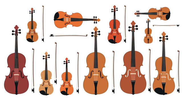 Elegant string instruments collection: artistic flat design of violins, cellos, violas
