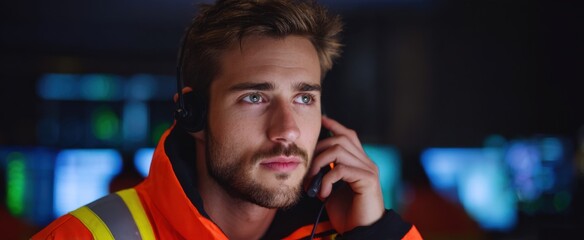 Naklejka premium Emergency management firefighter skillfully coordinating rescue efforts using innovative AI technology.