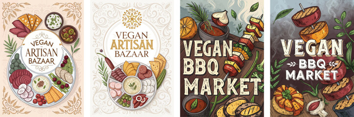 Obraz premium Colorful vegan market posters showcasing artisan foods and BBQ options.