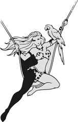 Fototapeta premium Action woman with long hair and a parrot on a spear flies with a cape
