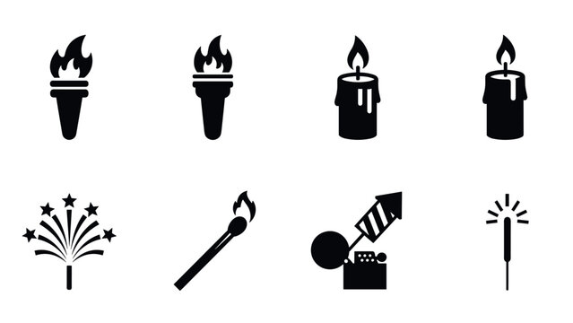 Minimalist torch and firework icons in black and white silhouette style