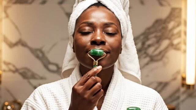 A tranquil scene unfolds in an elegant spa setting where a joyful woman uses a jade roller on her face, embracing self-care amidst warm lighting and a soothing atmosphere.