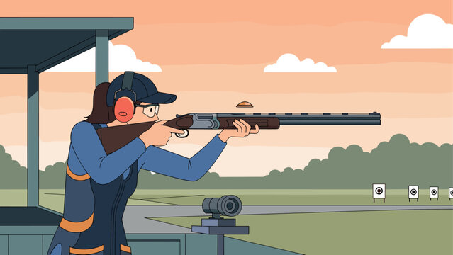 Female shooter aiming at targets in shooting range scene