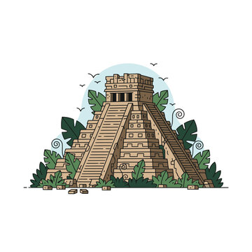 Ancient Mayan Pyramid Structure With Steep Staircase.