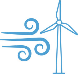 Naklejka premium Minimalist Blue Line Icon of a Wind Turbine with Wind Swirls Symbolizing Renewable Green Energy and Sustainable Environmental Solutions for Modern Business.