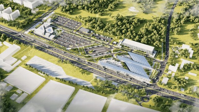 Aerial view of modern urban development with transport infrastructure, commercial buildings and green landscape. Master plan architecture concept for smart city planning and sustainable development.