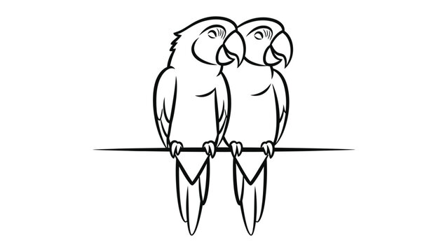 Birds of a Feather: Two parrots perch together on a branch, their elegant forms outlined with meticulous detail, capturing the essence of companionship and natural beauty.