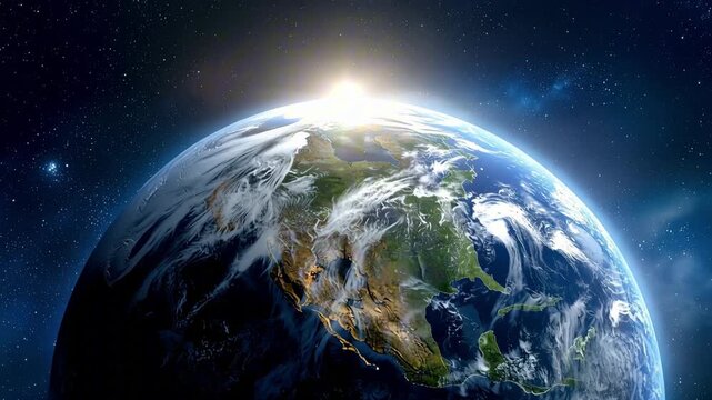 Planet Earth at night with continents and city light on the starry sky. The earth day, ecology