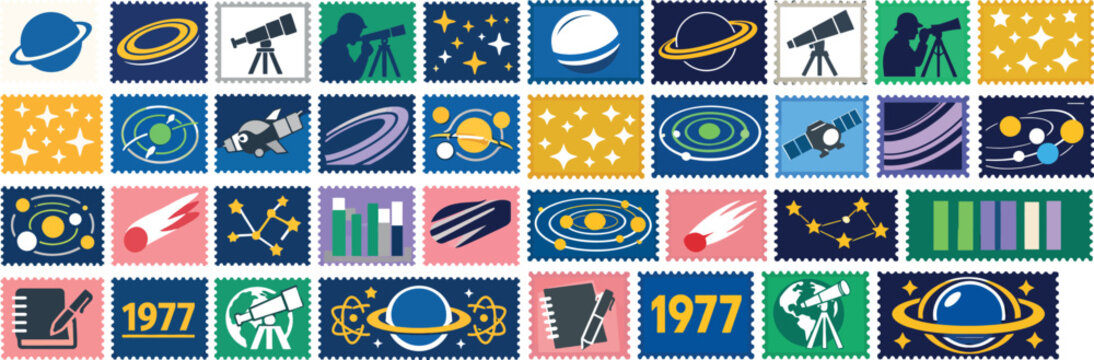 Discovery of the Rings of Uranus Stamp Set Space Icons with Telescopes and Planets