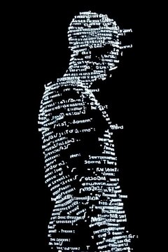 a black background with the word "zamu" in white text and various letters, numbers, and symbols arranged to form an image of a human body walking in slow motion,. the font is bold and blocky, reminisc