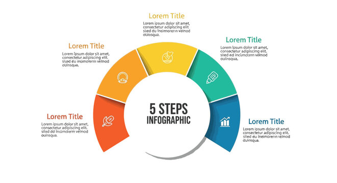 A versatile five steps circular infographic vector illustration graphic design template, featuring vibrant multicolored segments for presenting a sequential process, workflow, or business concept with