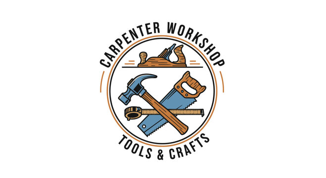 Carpentry Tools Emblem with Hammer and Saw.