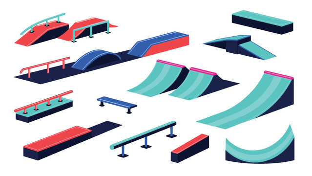 Colorful skate park elements in isometric design for modern urban spaces