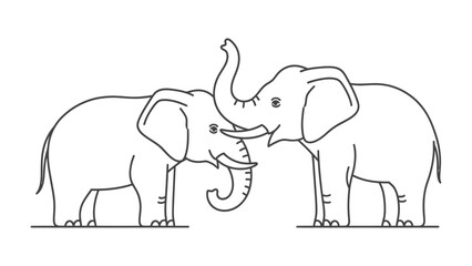 Fototapeta premium Two Elephants Touching Trunks: A stylized, black and white line drawing depicting two elephants touching trunks, symbolizing connection and harmony in a simplified, artistic representation.