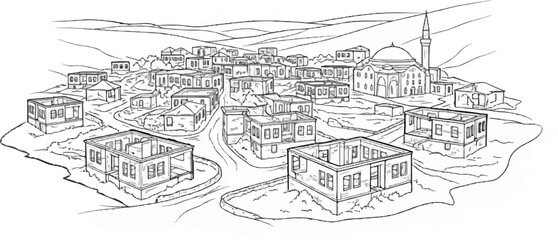 Obraz premium An aerial sketch of a hillside town with traditional houses and a domed mosque