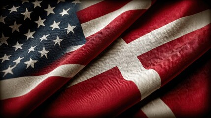 Obraz premium Flags of the United States and Denmark combined in a layered display showing their colors and symbols