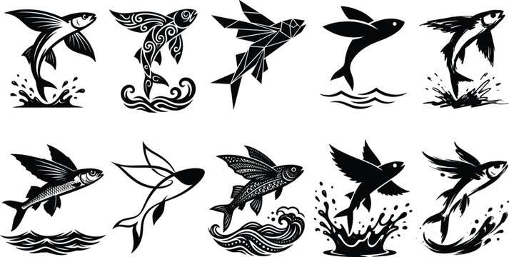 Flying fish jumping from ocean water silhouette vector collection featuring marine wildlife illustrations in tribal, geometric and sketch styles isolated for logo design