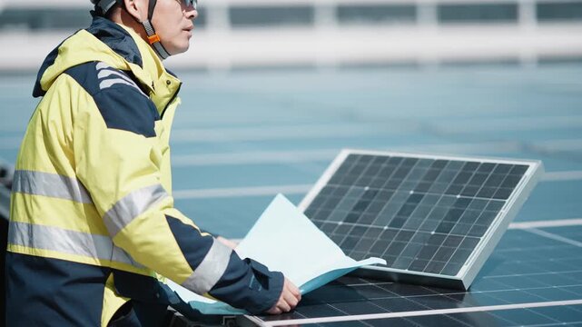 Engineer inspecting rooftop solar panels while reviewing technical drawings on site