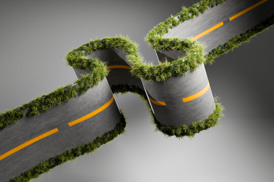 3D road ribbon overpass with grassy edge and loop turn