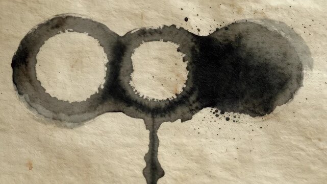 Abstract black ink drops bleeding and spreading on textured vintage paper background