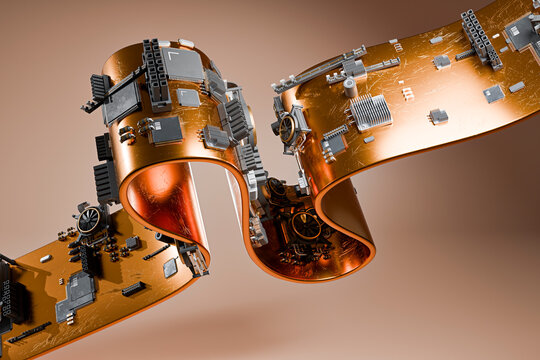 3D copper ribbon circuit with processor part and tech glow