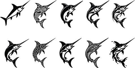 Fototapeta premium Marlin fish jumping silhouette vector collection featuring sport fishing swordfish illustrations in tribal, geometric and modern styles, marine wildlife icons isolated on white background