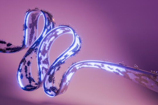 3D neon ribbon chrome with glowing contour and violet haze