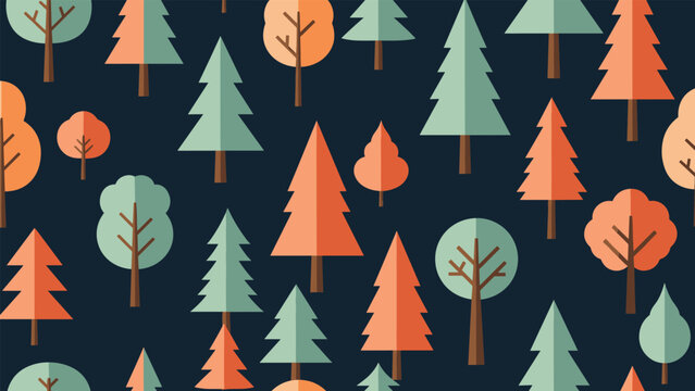 Geometric seamless pattern of stylized pine trees in various shades of orange and green set against a dark blue forest background.
