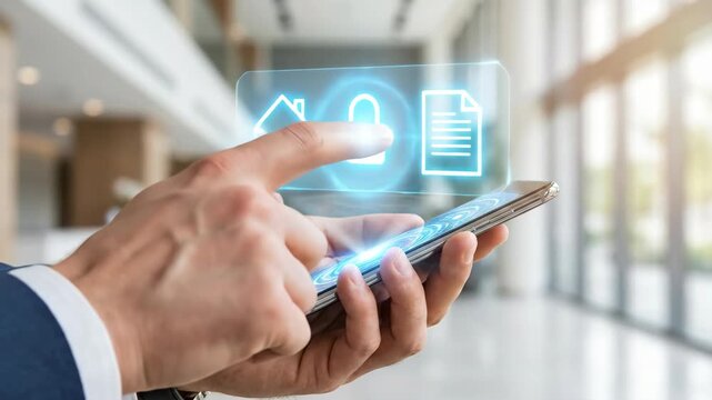 Businessman holding smartphone with digital smart home interface. Modern technology for residential property control. Concept of house automation, mobile app development and internet of things.