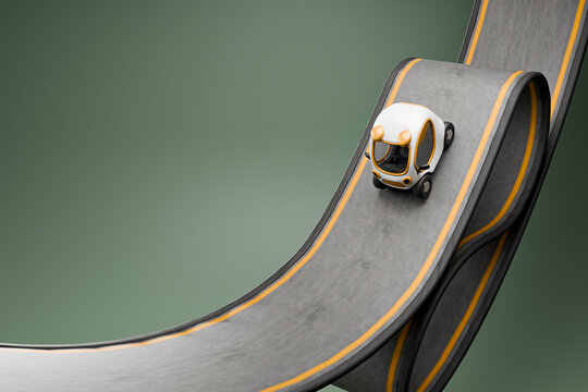 3D compact ribbon vehicle on elevated loop roadway curve