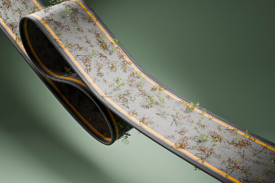 3D abandoned ribbon road with cracked lane and wild sprout