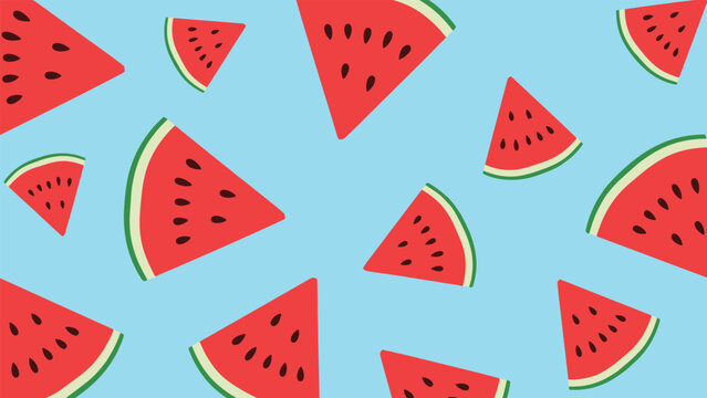 Fun summer pattern with scattered slices of juicy red watermelon on a bright blue background for a refreshing seasonal look.