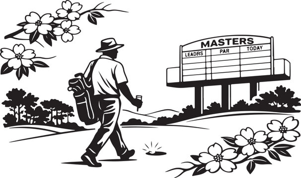 Unique outline of Masters patron walking fairway with leaderboard sign, relaxed stride amid dogwood branches.