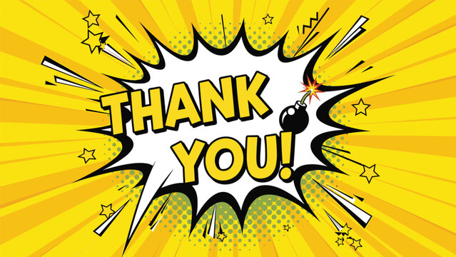 Vibrant yellow comic style thank you burst with a black bomb icon and radial rays for expressing gratitude in a fun and explosive way.