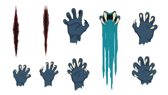 Set of scary monster claws and deep scratch marks with dark blue fur and long sharp nails for horror and halloween themed projects.
