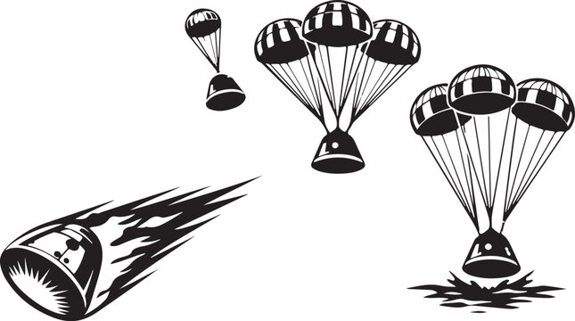 Vector outline of crew capsule re-entering atmosphere with heat shield glow, parachute deploy sequence
