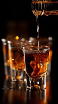 Pouring golden amber whiskey into a shot glass with a dark moody background