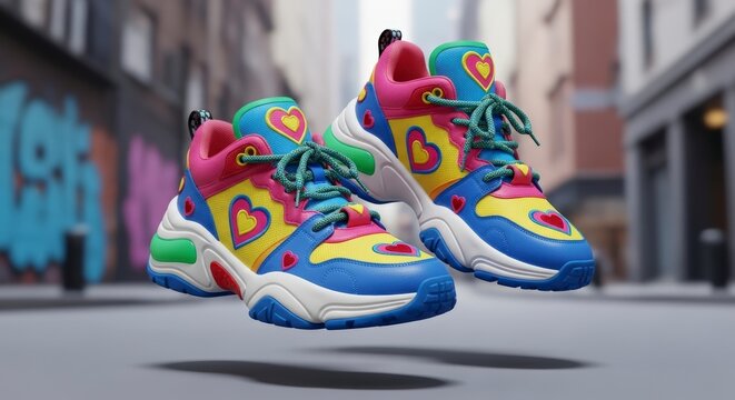 Colorful Sneakers Hanging in Mid Air.