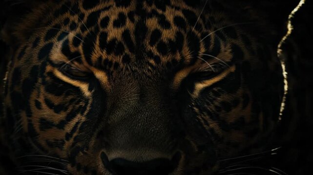 Close-up of a powerful leopard's piercing yellow eyes in darkness, intense gaze.