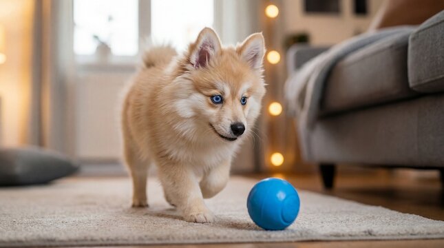 Adorable fluffy pomsky puppy with striking blue eyes playing with toy ball