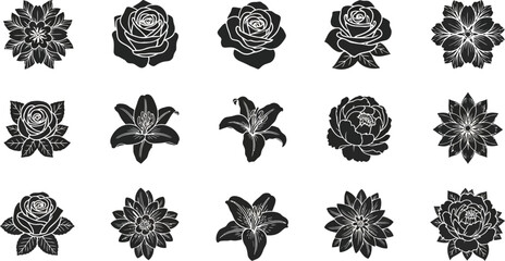 Black and white floral silhouettes on white background flowers 3 © Graphic Shops