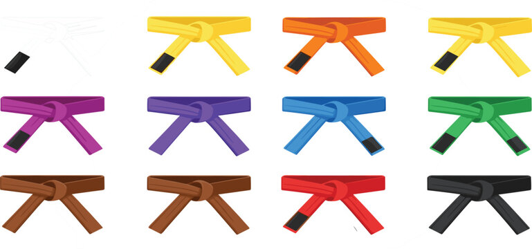 Martial Arts Belt Color Set Vector Illustration Featuring Karate, Taekwondo, and Judo Ranking Belts Isolated for Combat Sports Training and Achievement Design