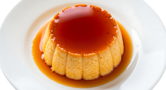 Orange flan dessert with caramel topping creamy on white background cut out on PNG. AI GENERATED. 