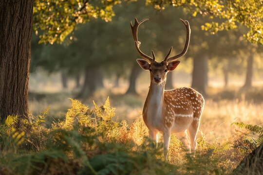 Golden hour portrait of an axis deer buck in a tranquil woodland setting