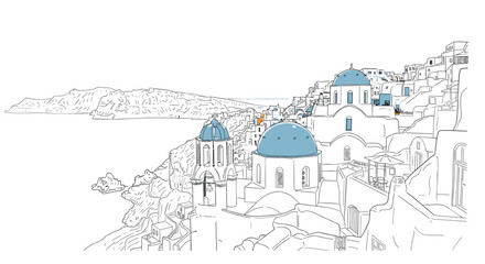 Naklejka premium Charming santorini: linear art of iconic white and blue domed architecture
