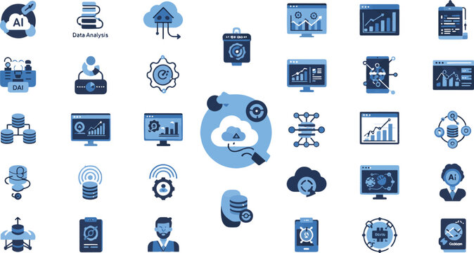 Cloud Computing, Data Analysis, and Artificial Intelligence Infrastructure Glyph Icon Set