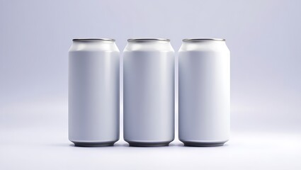 Three blank silver soda cans arranged in a row on a clean, smooth background, product mockup