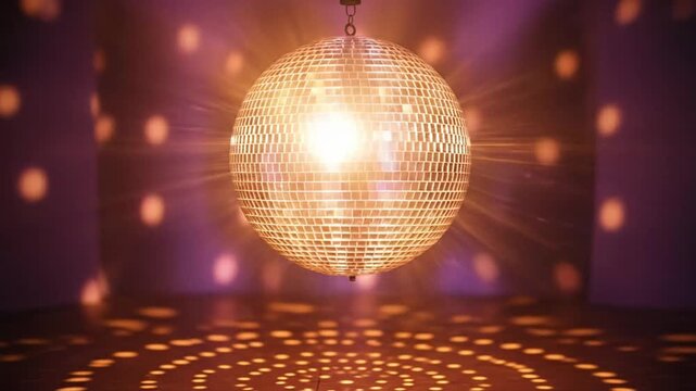 Disco ball spinning and reflecting light on dance floor, party atmosphere